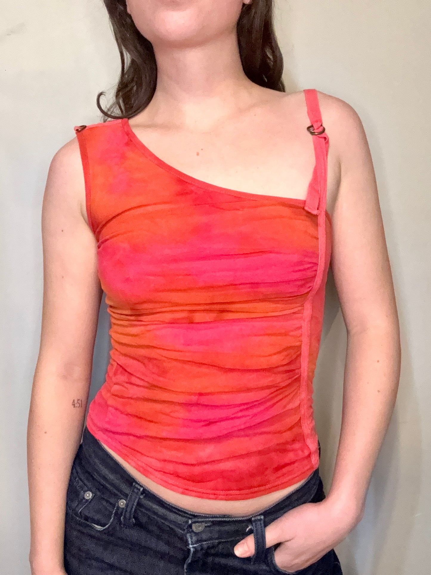 Y2K Orange and Pink One Shoulder Singlet┃Size S