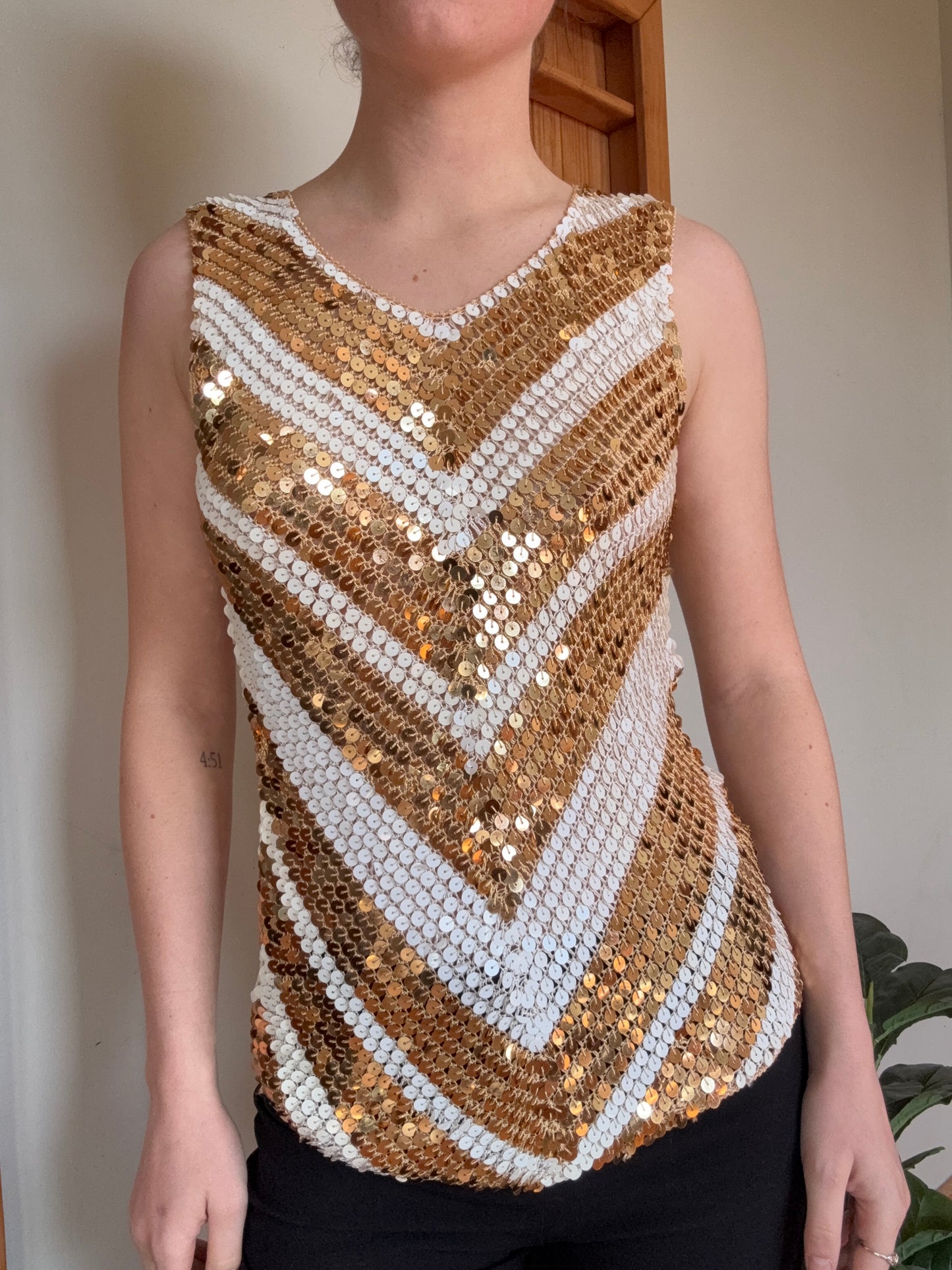 Gold and White Sequin Zigzag Top