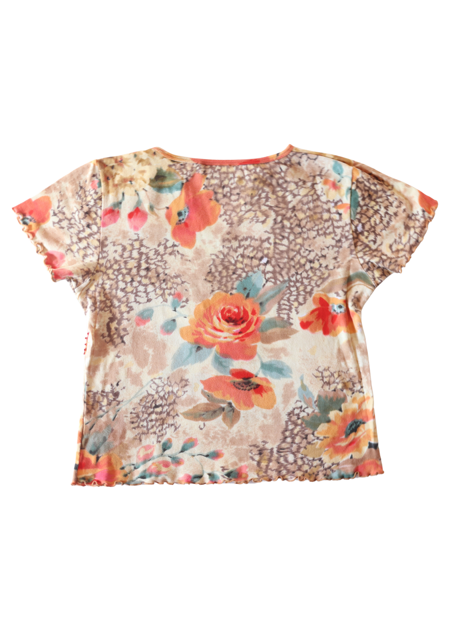 Beige and Orange Rose Patterned Vintage Tee┃Size L
