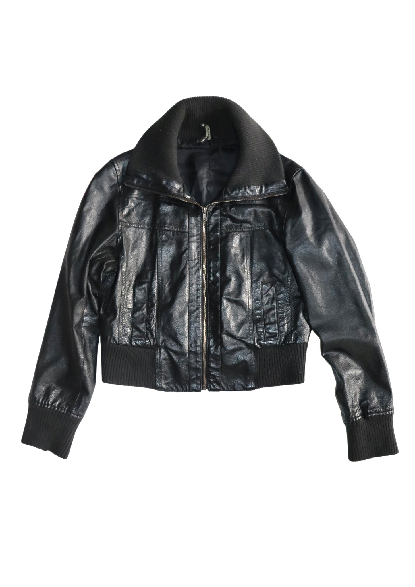 90s Black Pleather Cropped Bomber