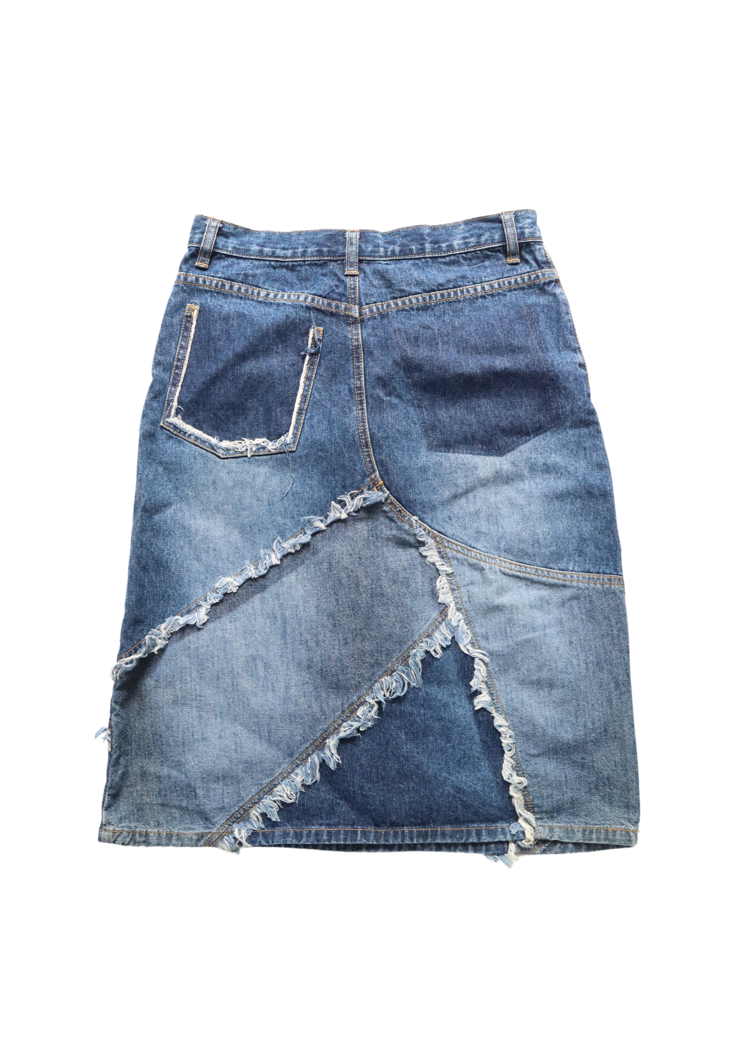 Vintage Raw Hem Denim Midi Skirt | Size 8