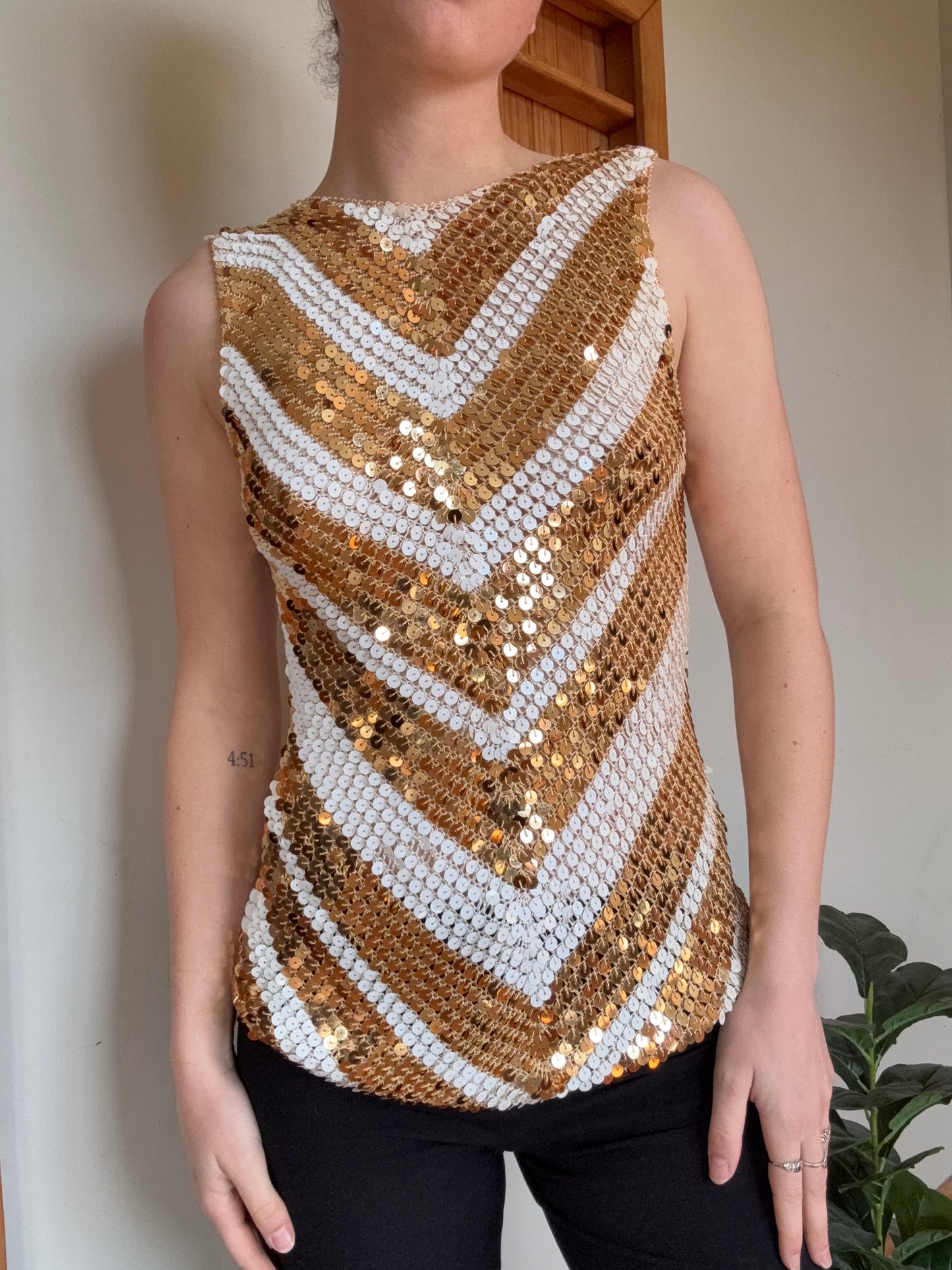 Gold and White Sequin Zigzag Top