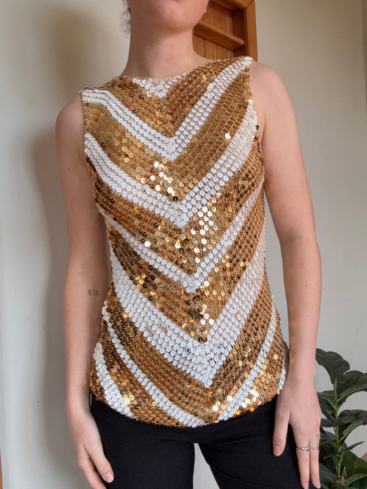 Gold and White Sequin Zigzag Top
