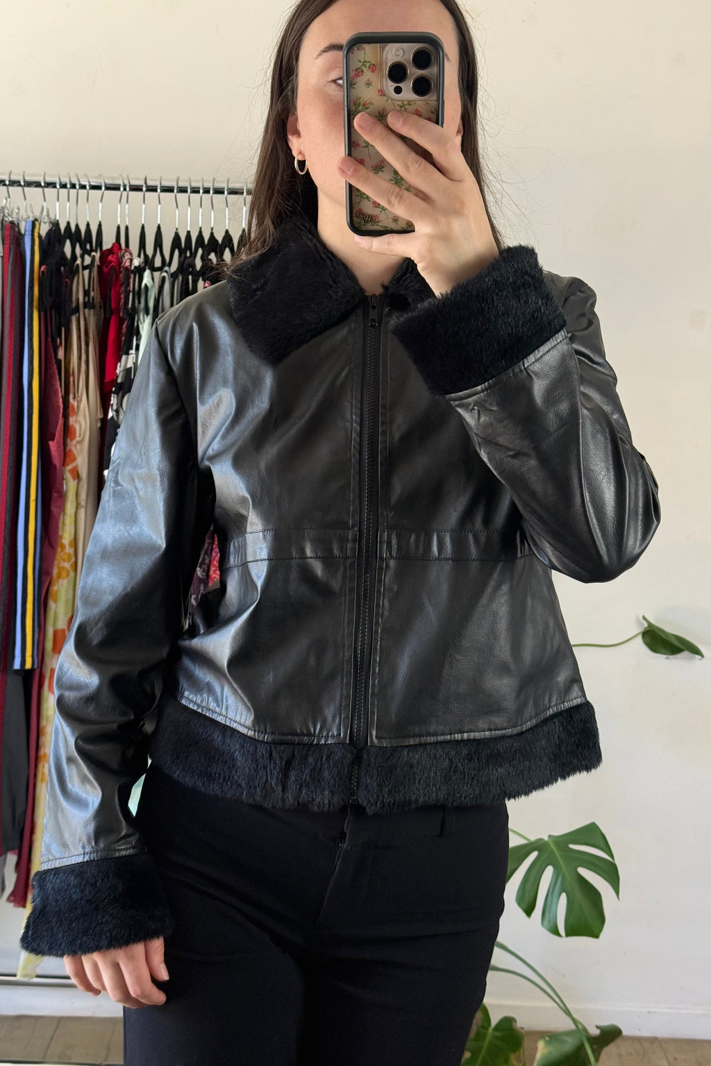 Fur Trim Pleather Jacket┃Size M
