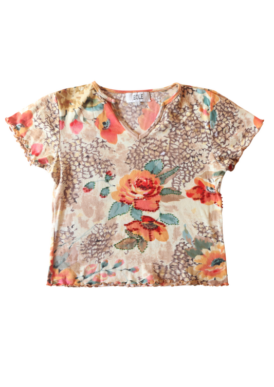Beige and Orange Rose Patterned Vintage Tee┃Size L