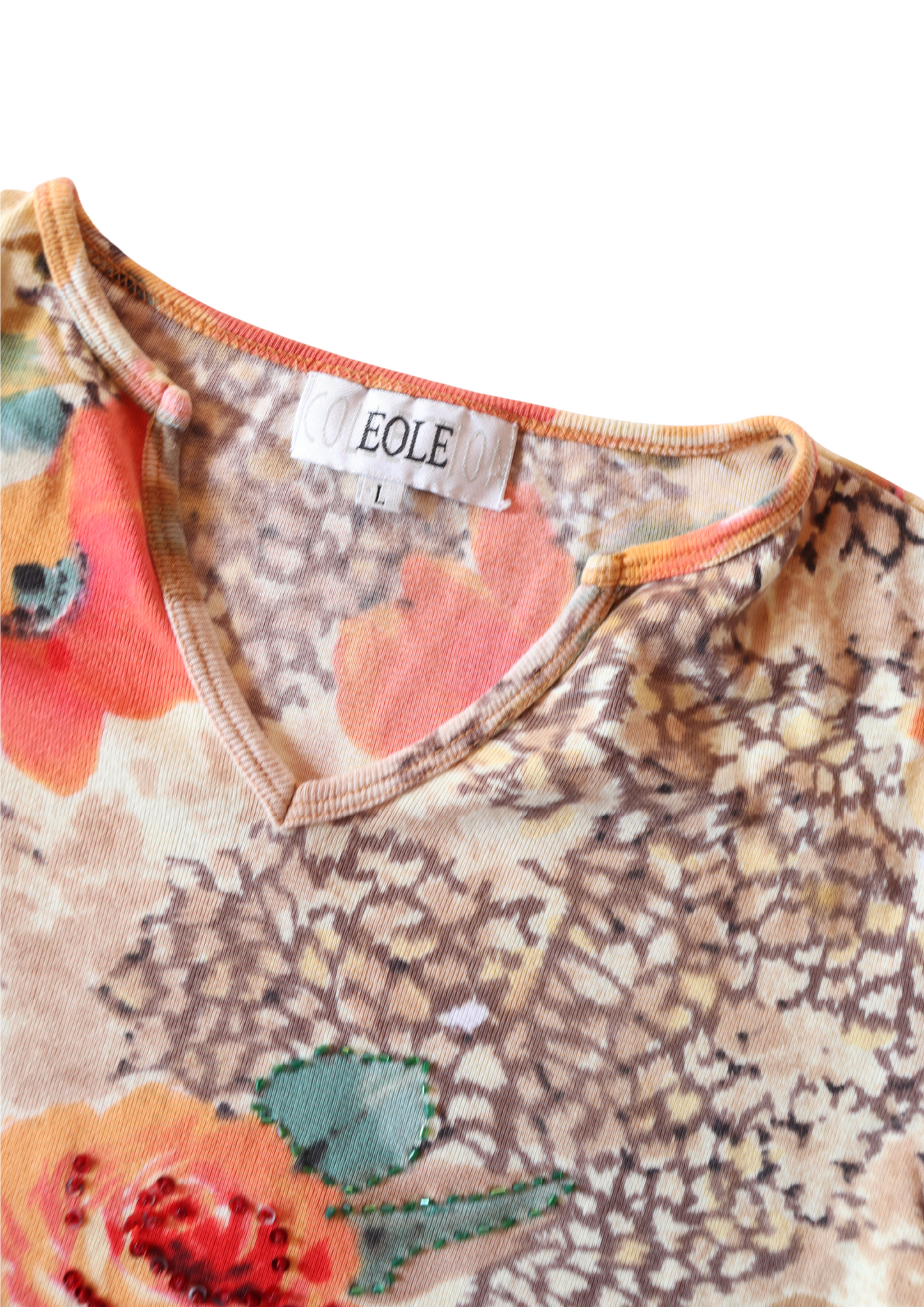 Beige and Orange Rose Patterned Vintage Tee┃Size L