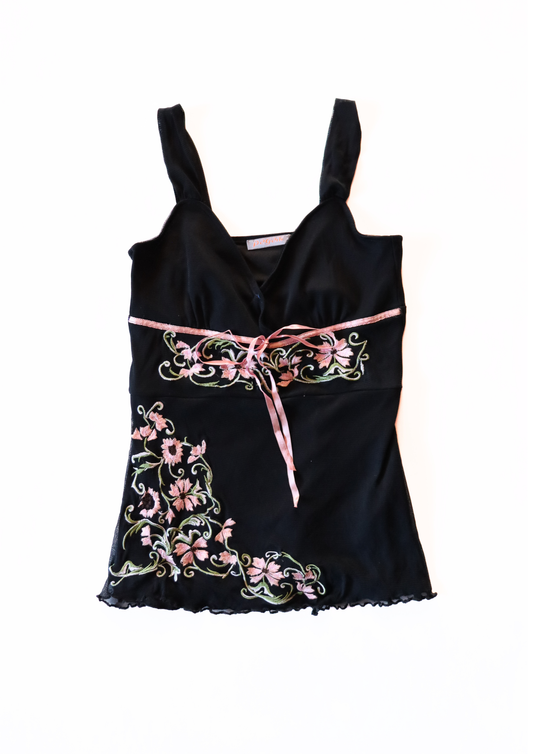 Vintage Black Embroidered Floral Singlet┃Size 8