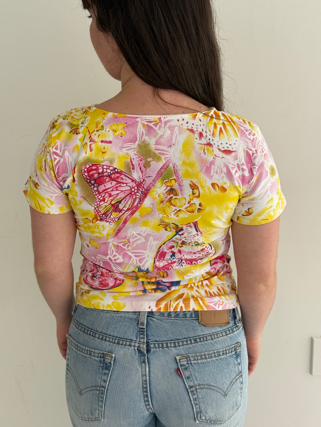 Yellow and Pink Miss Sixty Butterfly Baby Tee┃Size L