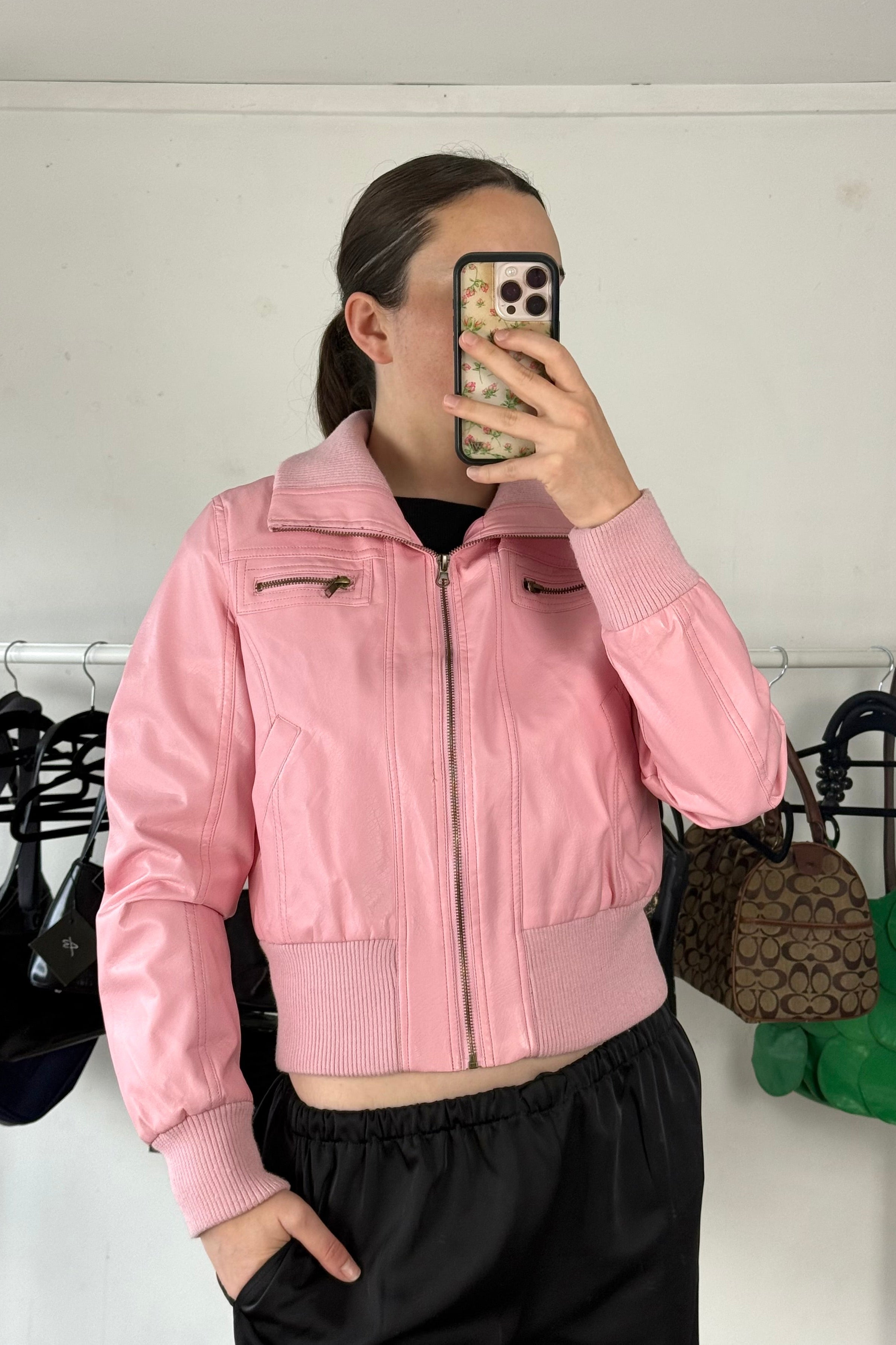 Pink Pleather Bomber Jacket