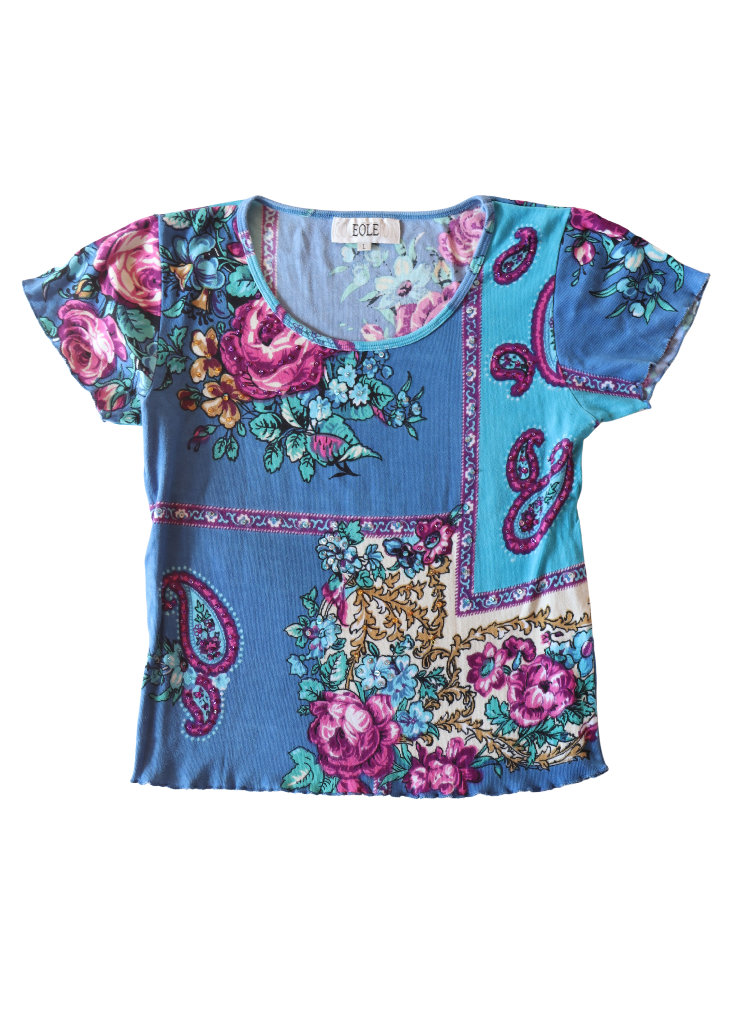 Vintage Blue Beaded Rose Tee┃Size L