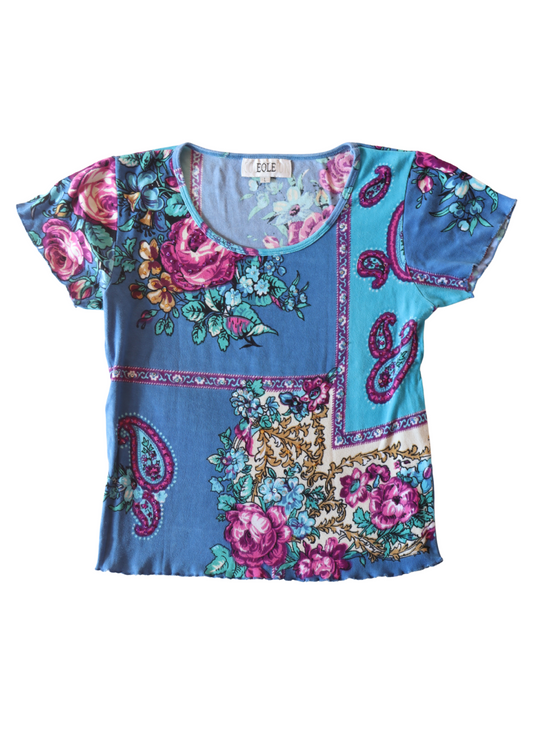 Vintage Blue Beaded Rose Tee┃Size L