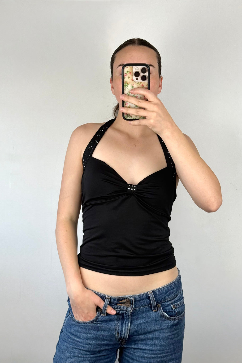 90s Black Bedazzled Halter Top