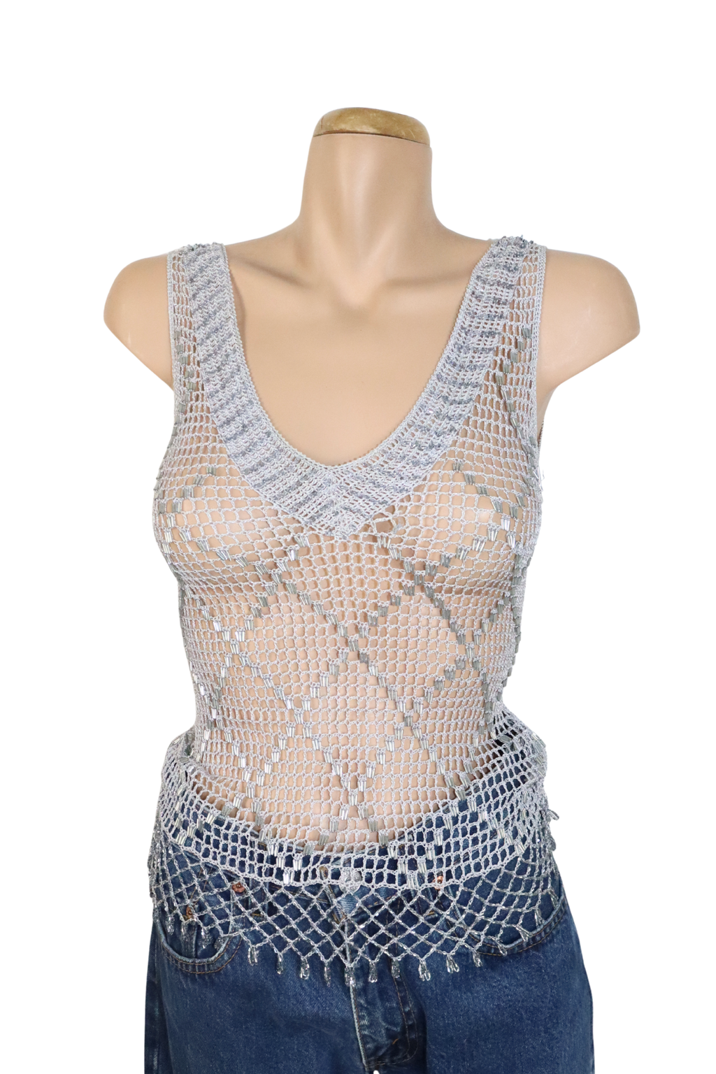Vintage Grey Beaded Crochet Top