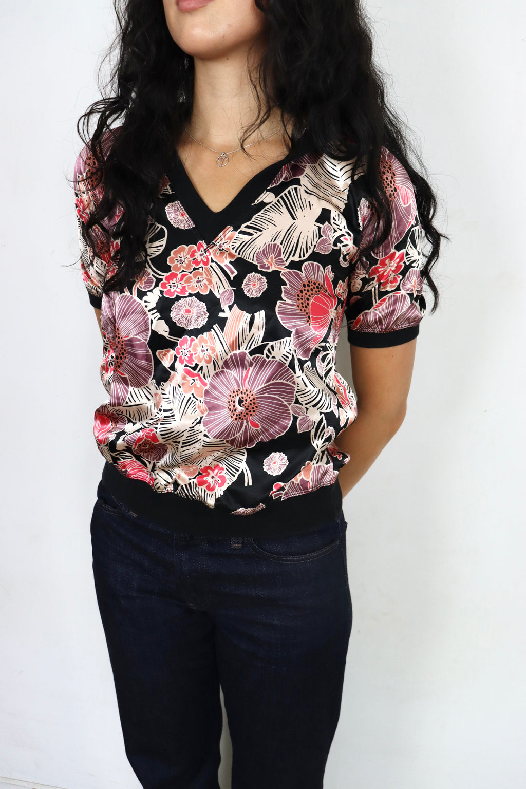 Floral Hooded Satin Top┃Size 8