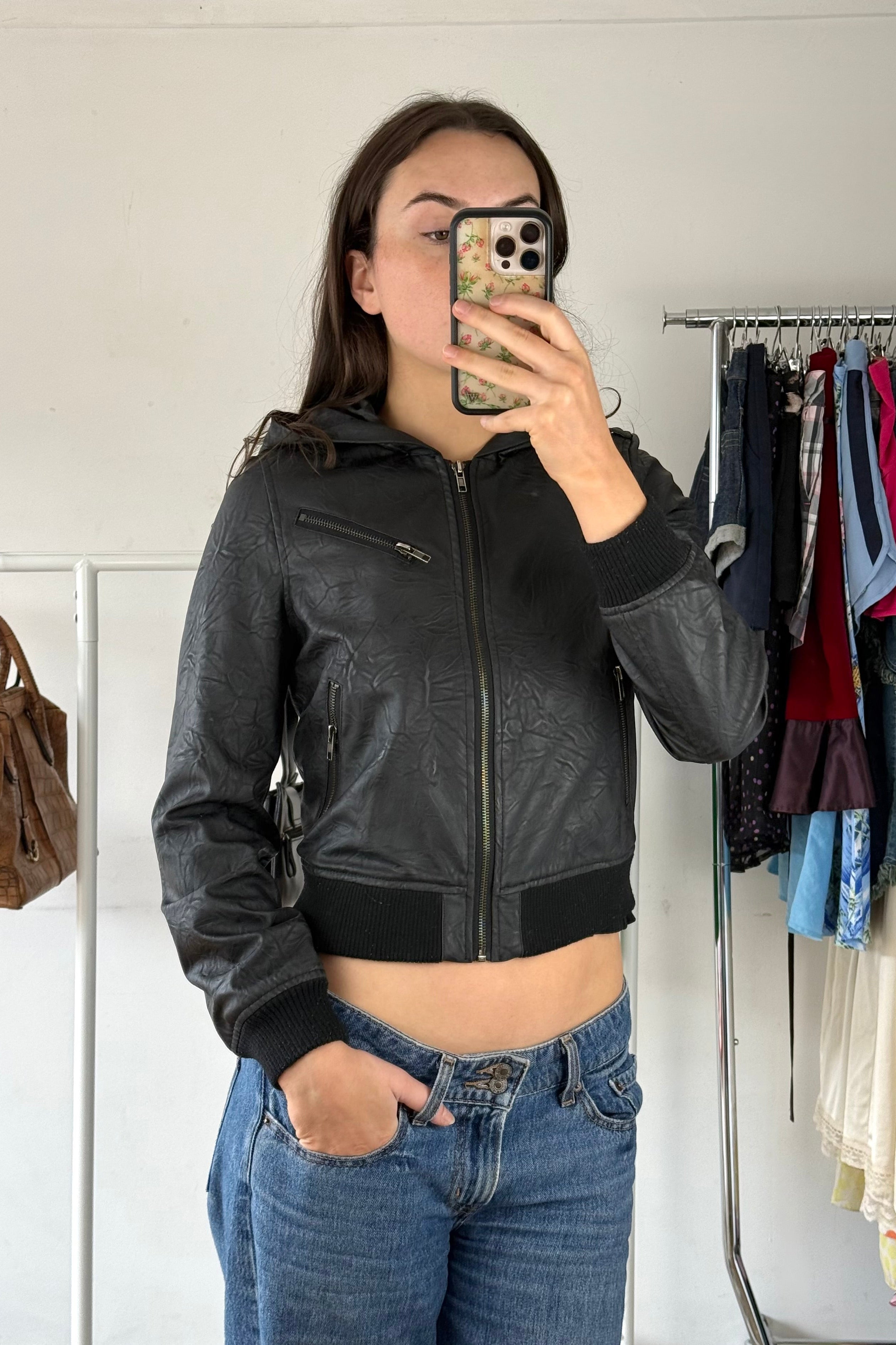 Black Hooded Pleather Jacket┃Size 10