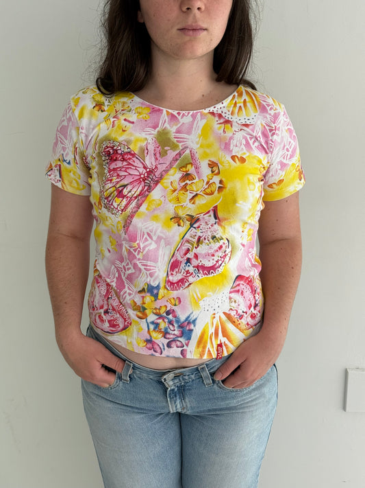 Yellow and Pink Miss Sixty Butterfly Baby Tee┃Size L