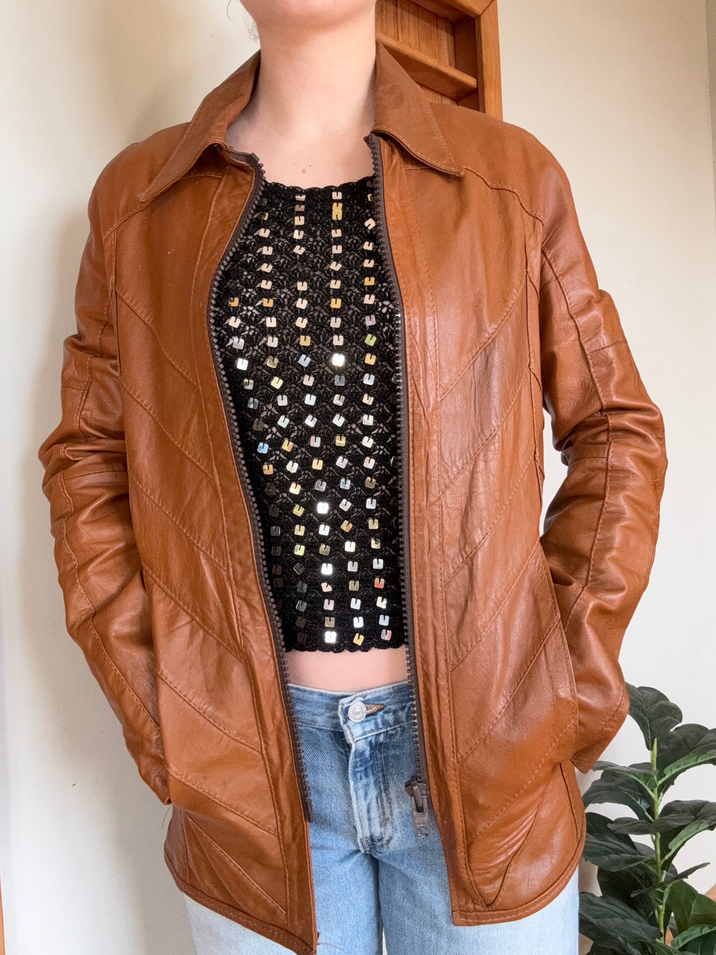 Brown Leather Zip-up Jacket
