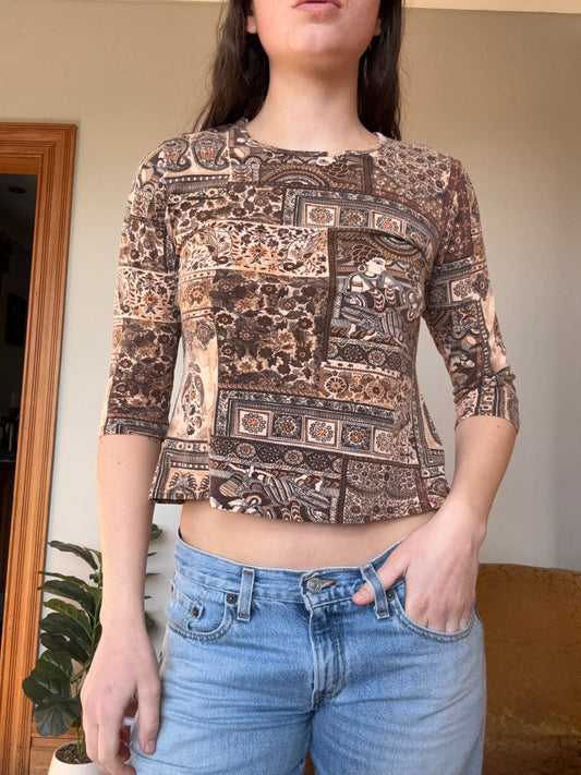 Brown Patterned 3/4 Sleeve Top