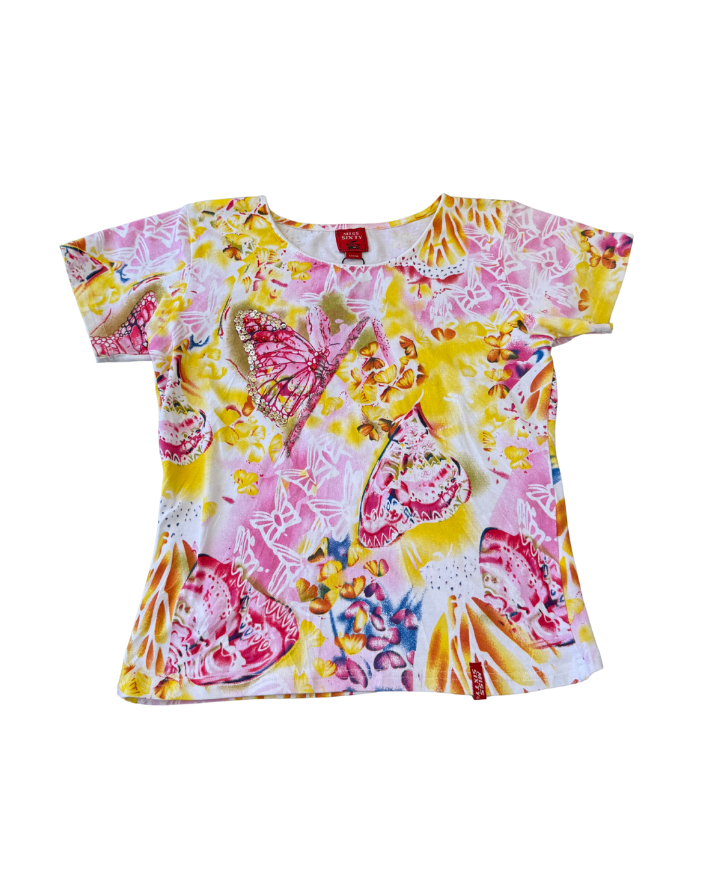 Yellow and Pink Miss Sixty Butterfly Baby Tee┃Size L