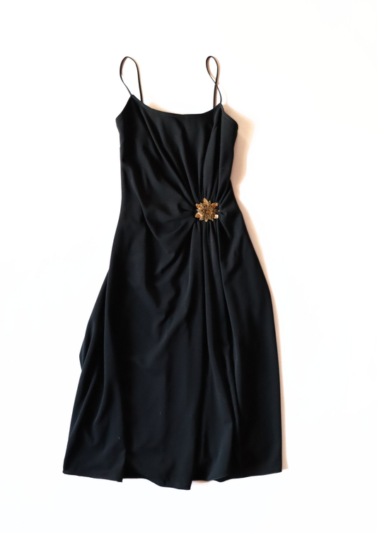 Vintage Black Dress with Gold Flower┃Size 10