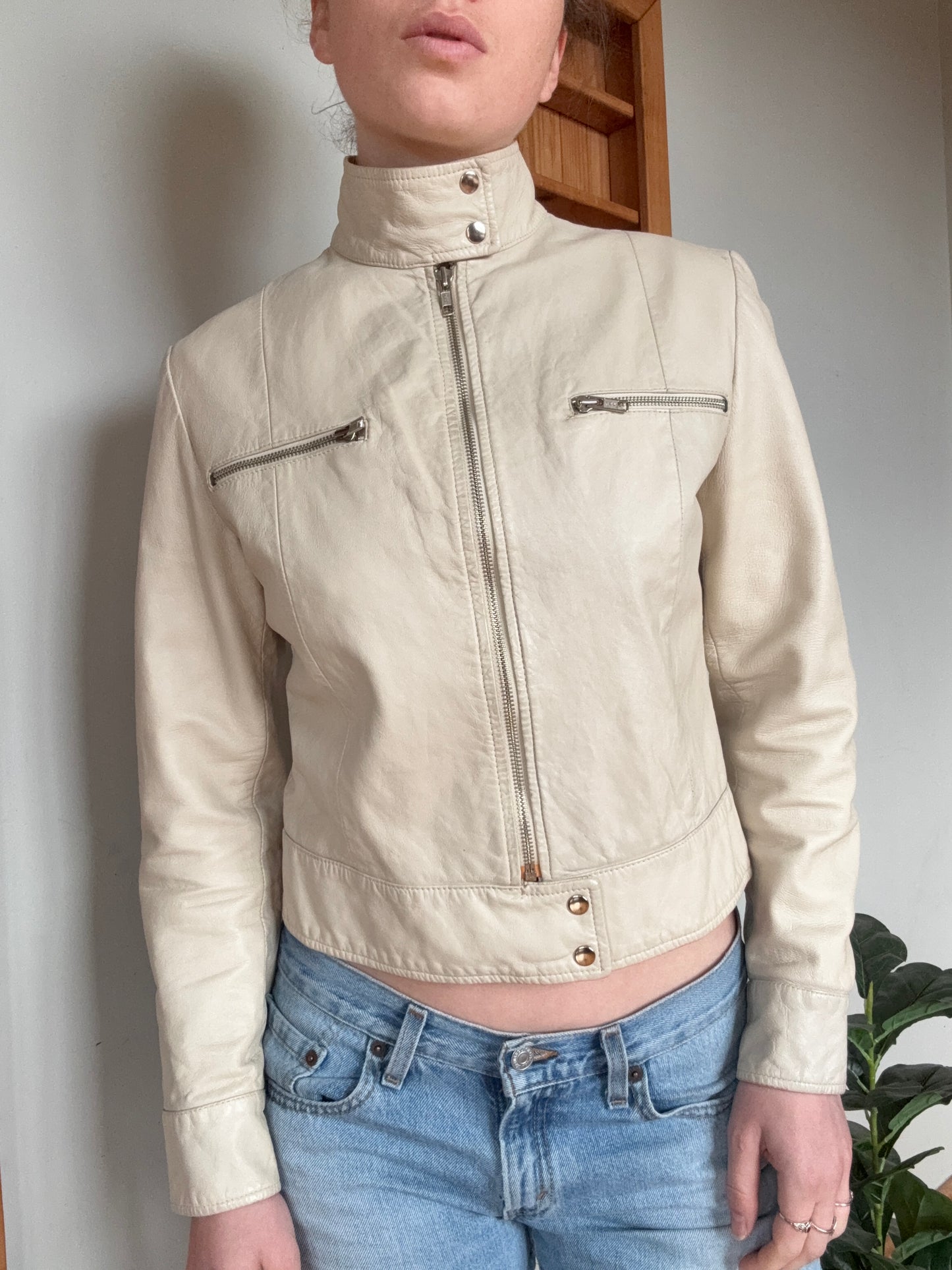 Cream Leather Biker Jacket┃Size S