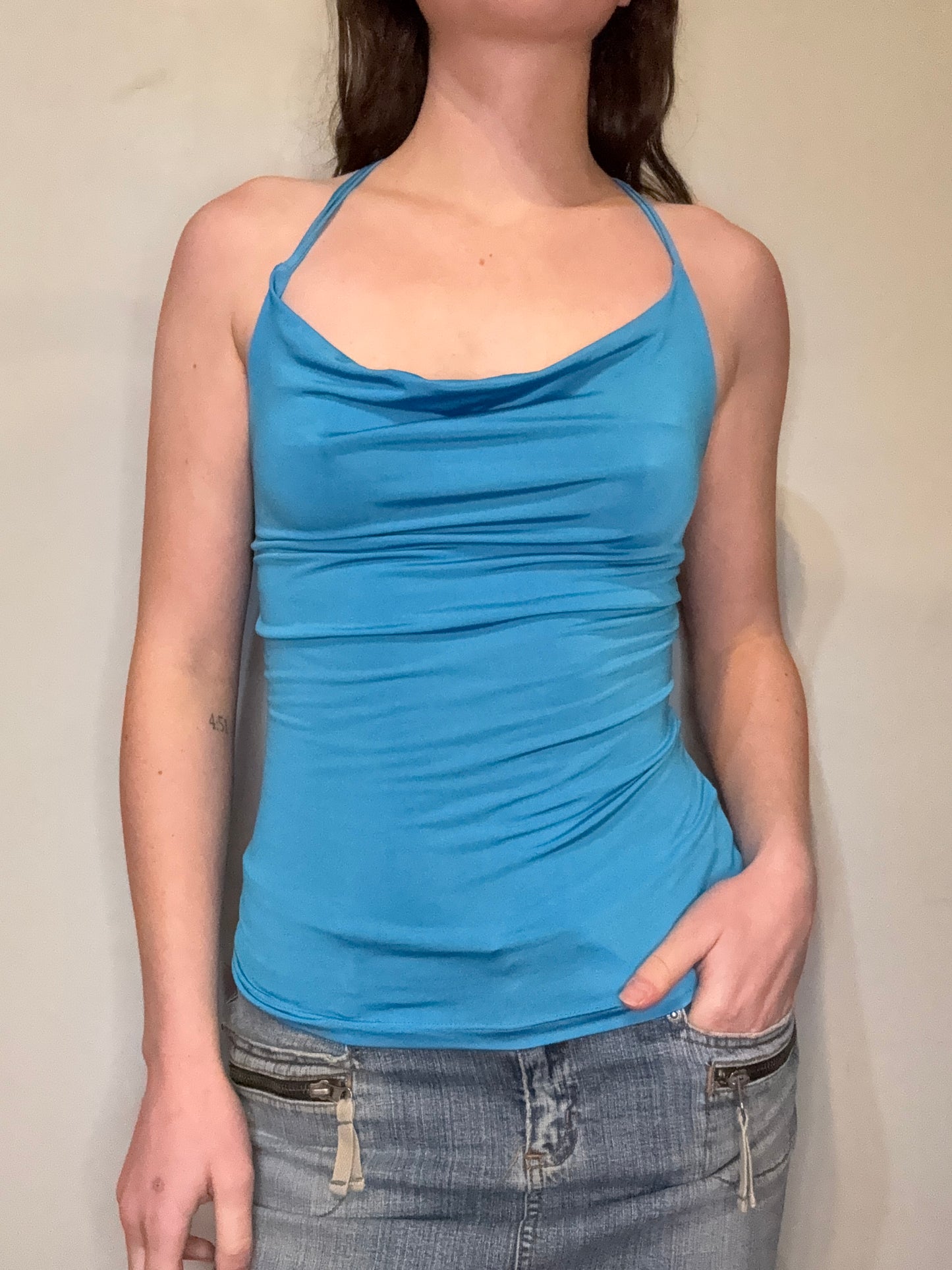 Vintage Blue Halter Ring Singlet