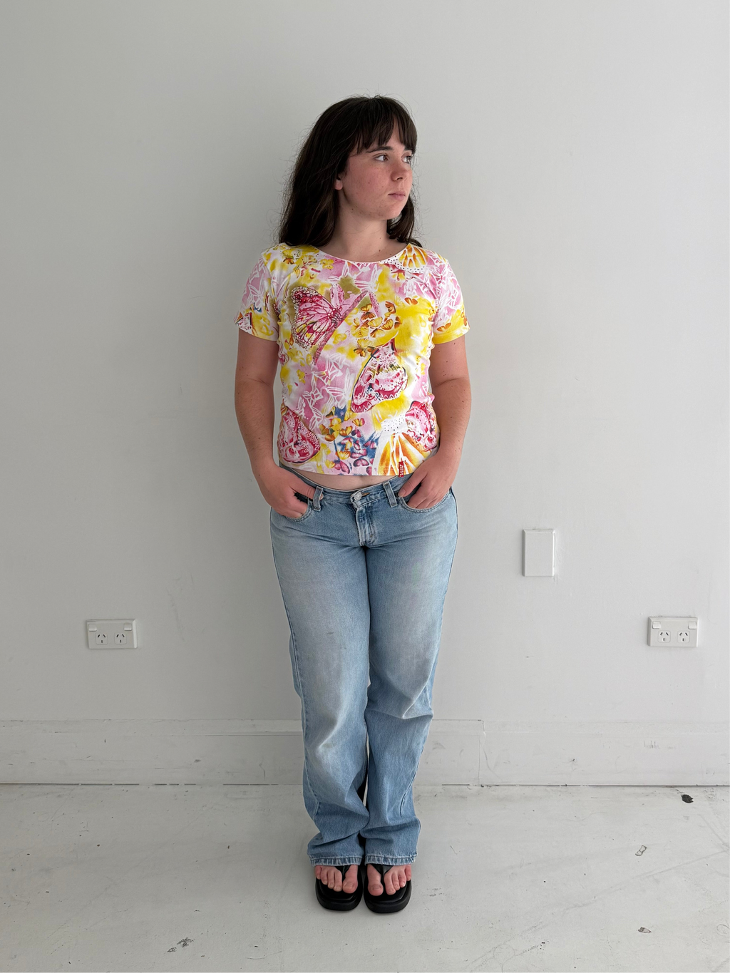 Yellow and Pink Miss Sixty Butterfly Baby Tee┃Size L