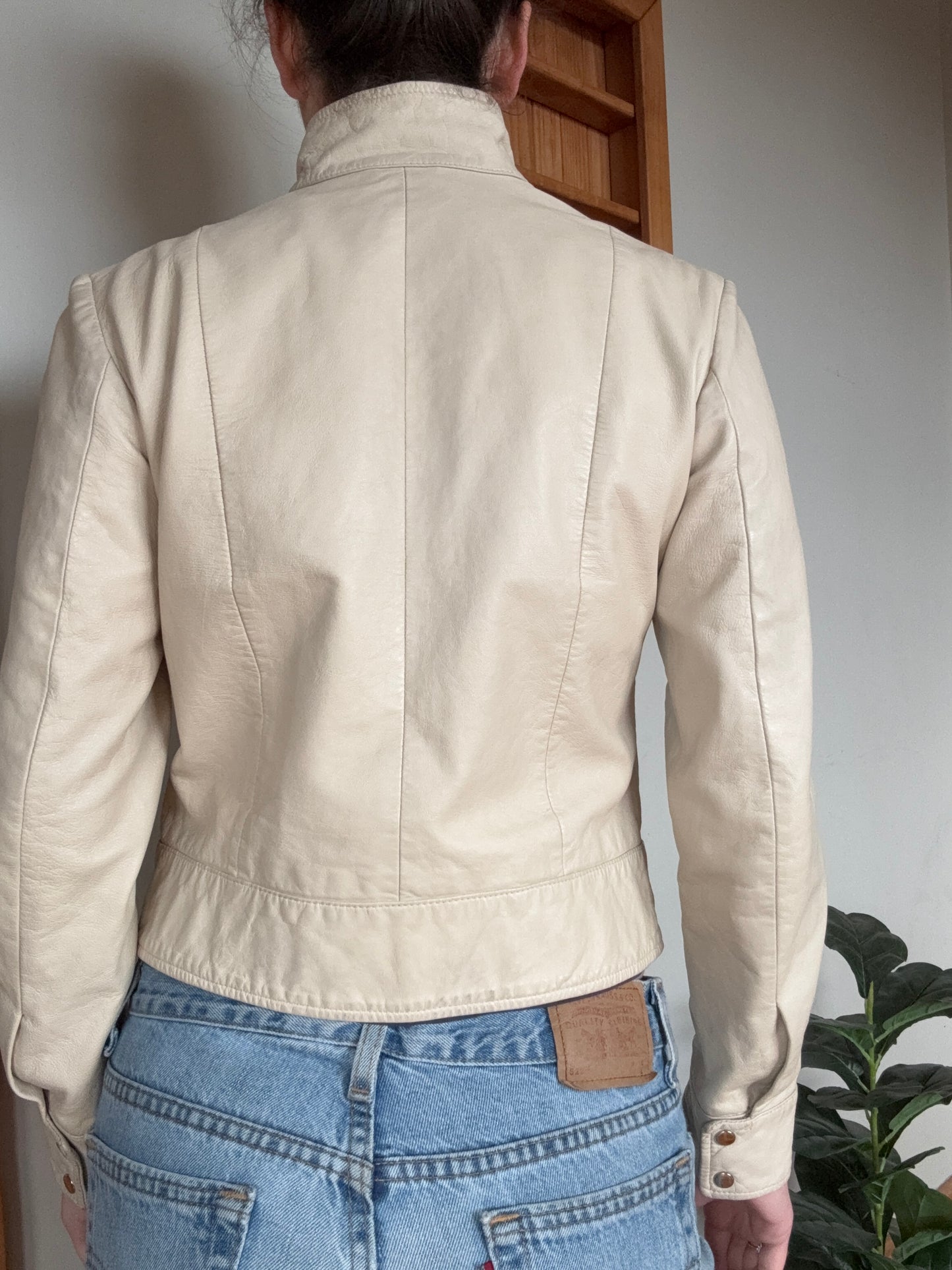 Cream Leather Biker Jacket┃Size S