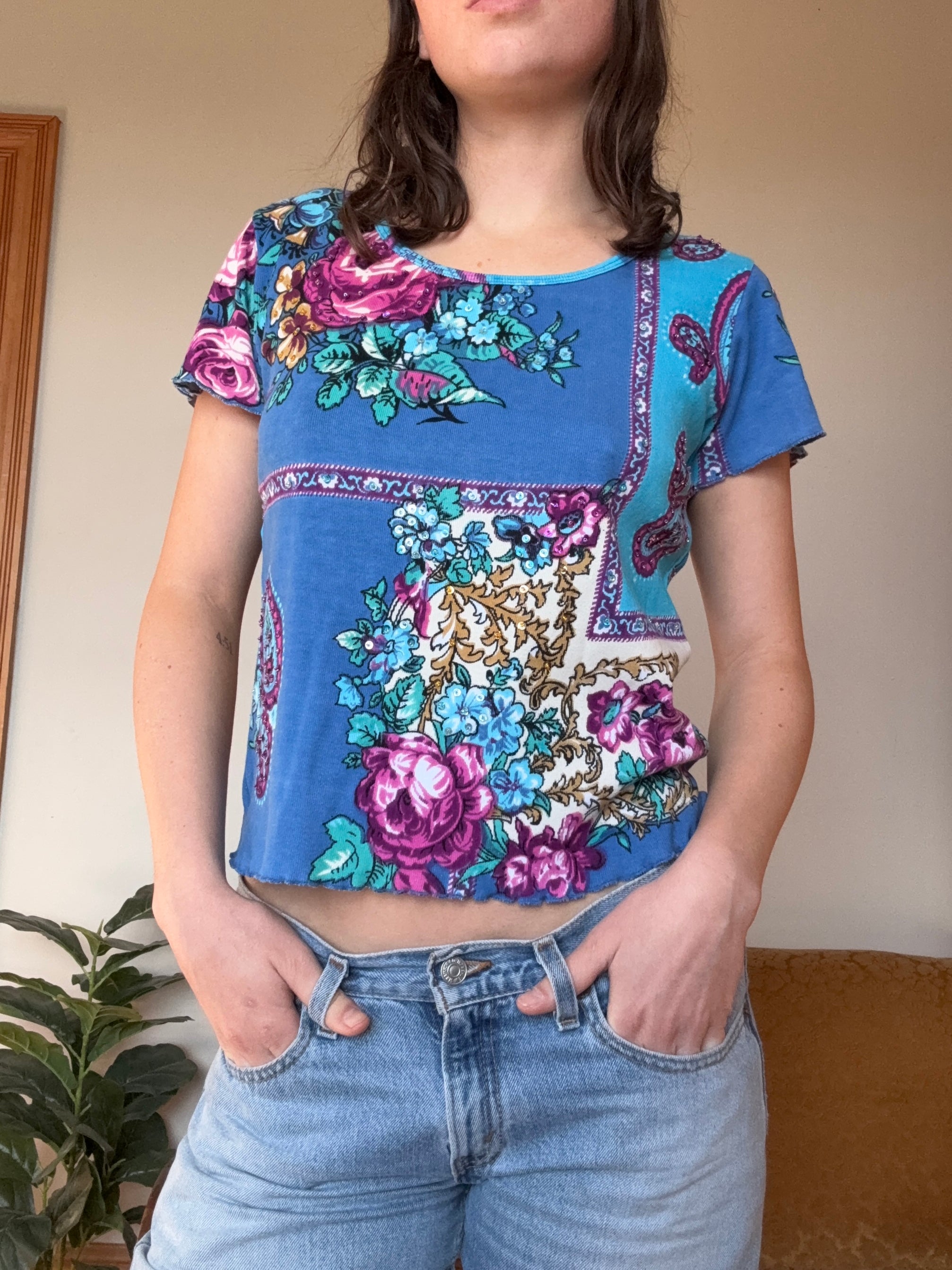 Vintage Blue Beaded Rose Tee┃Size L
