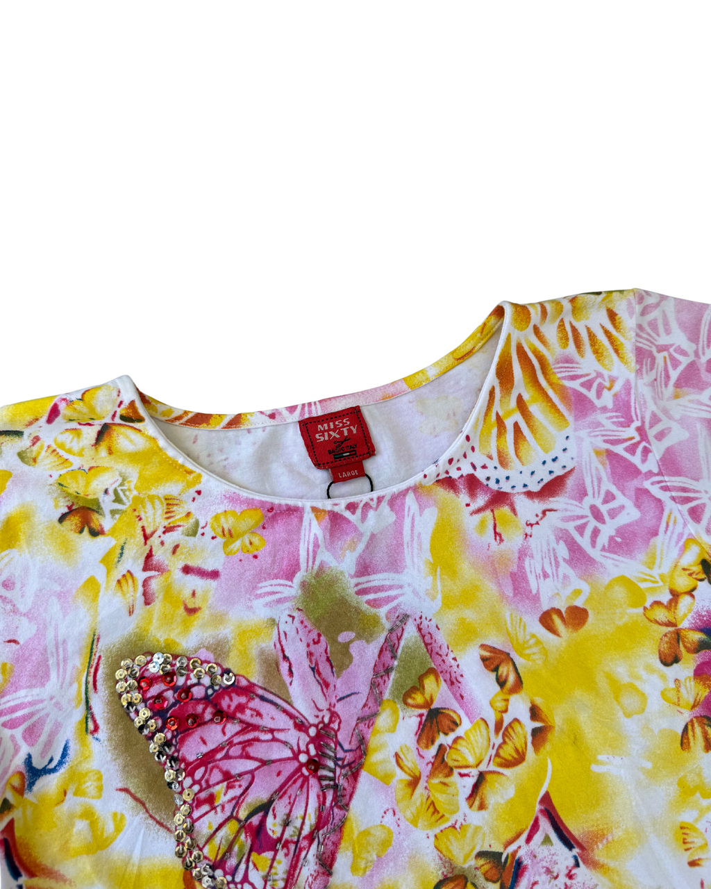 Yellow and Pink Miss Sixty Butterfly Baby Tee┃Size L