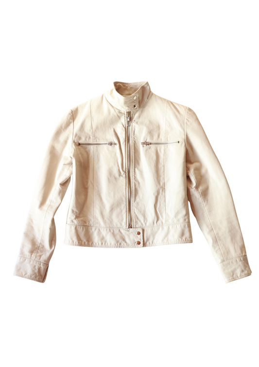 Cream Leather Biker Jacket┃Size S