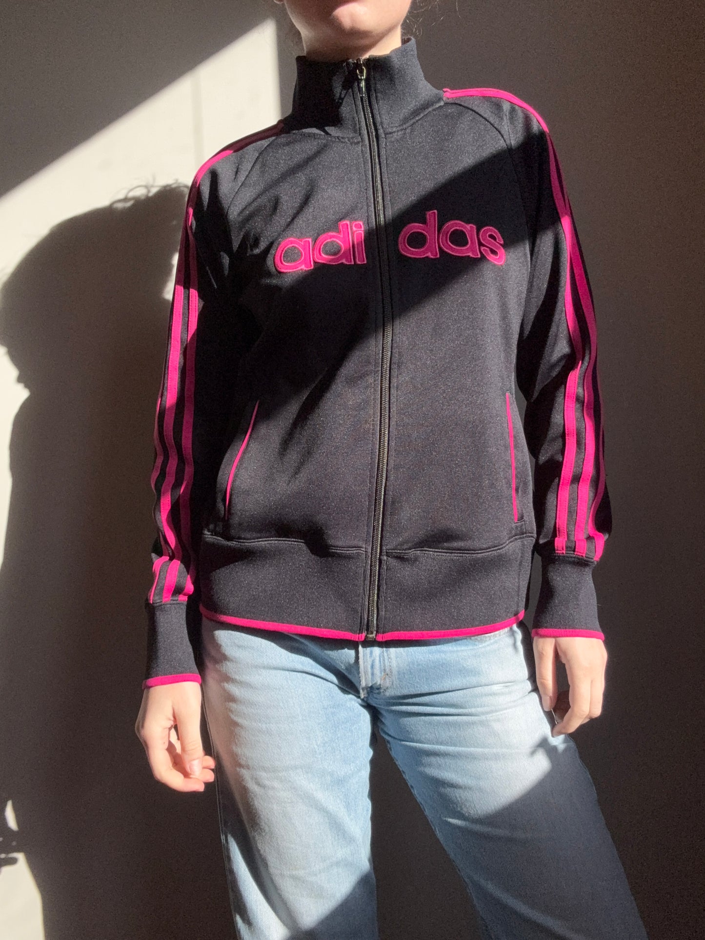 Vintage Adidas Black and Pink Zip-up | Size 14