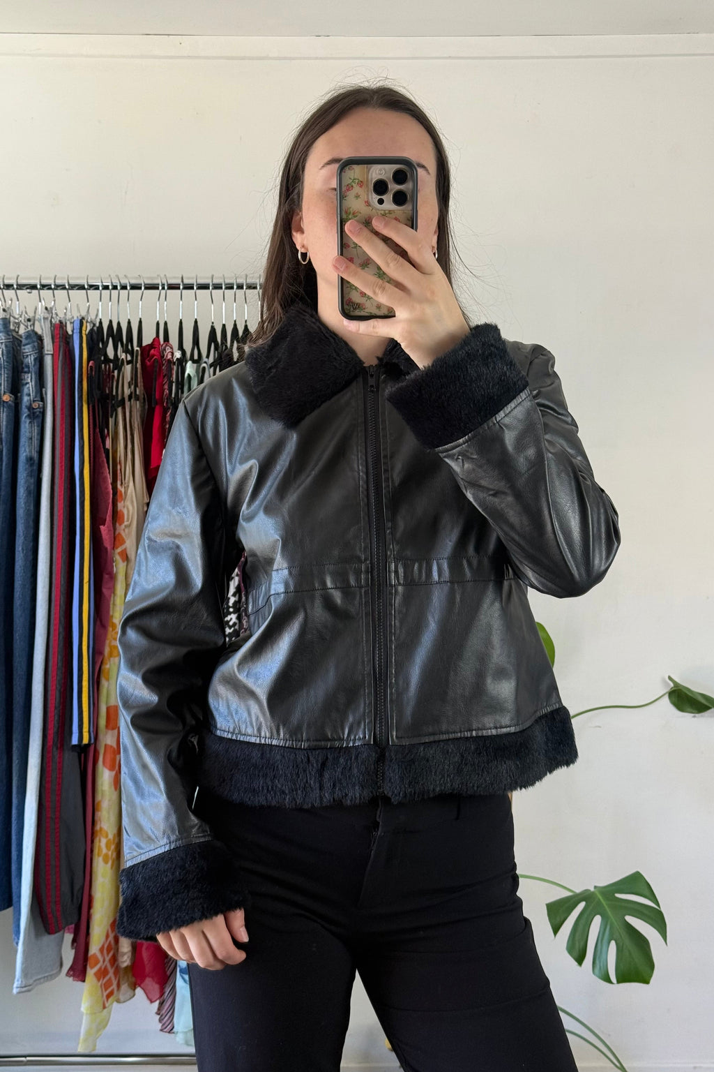 Fur Trim Pleather Jacket┃Size M