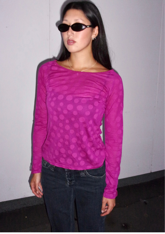 Vintage Sheer Pink Polka Dot Longsleeve┃Size M